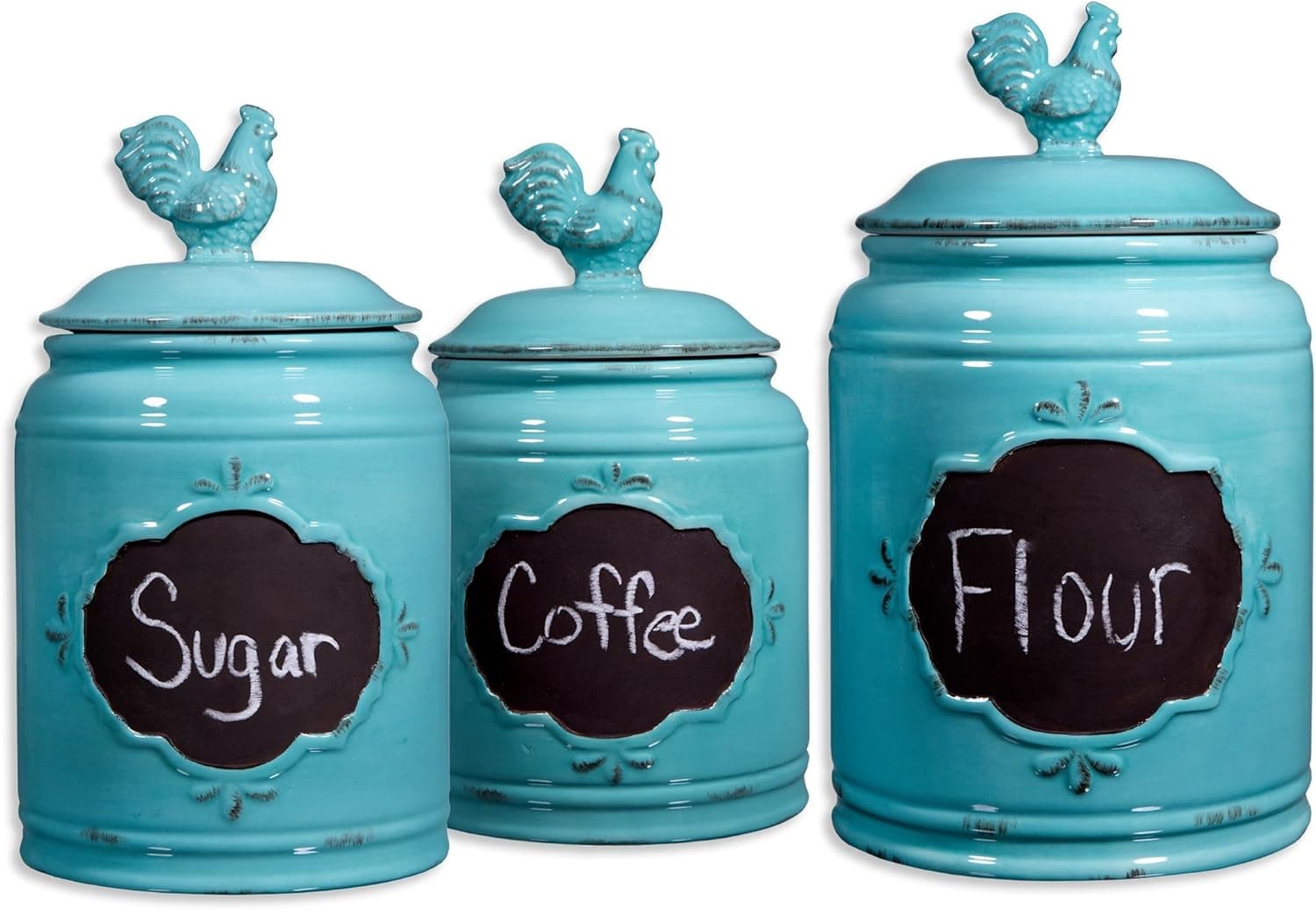 Set of 3 Durable Blue Chalkboard Rooster Canister Set with Tight Lids for Kitchen or Bathroom, Food Storage Containers, Ceramic,Aqua,