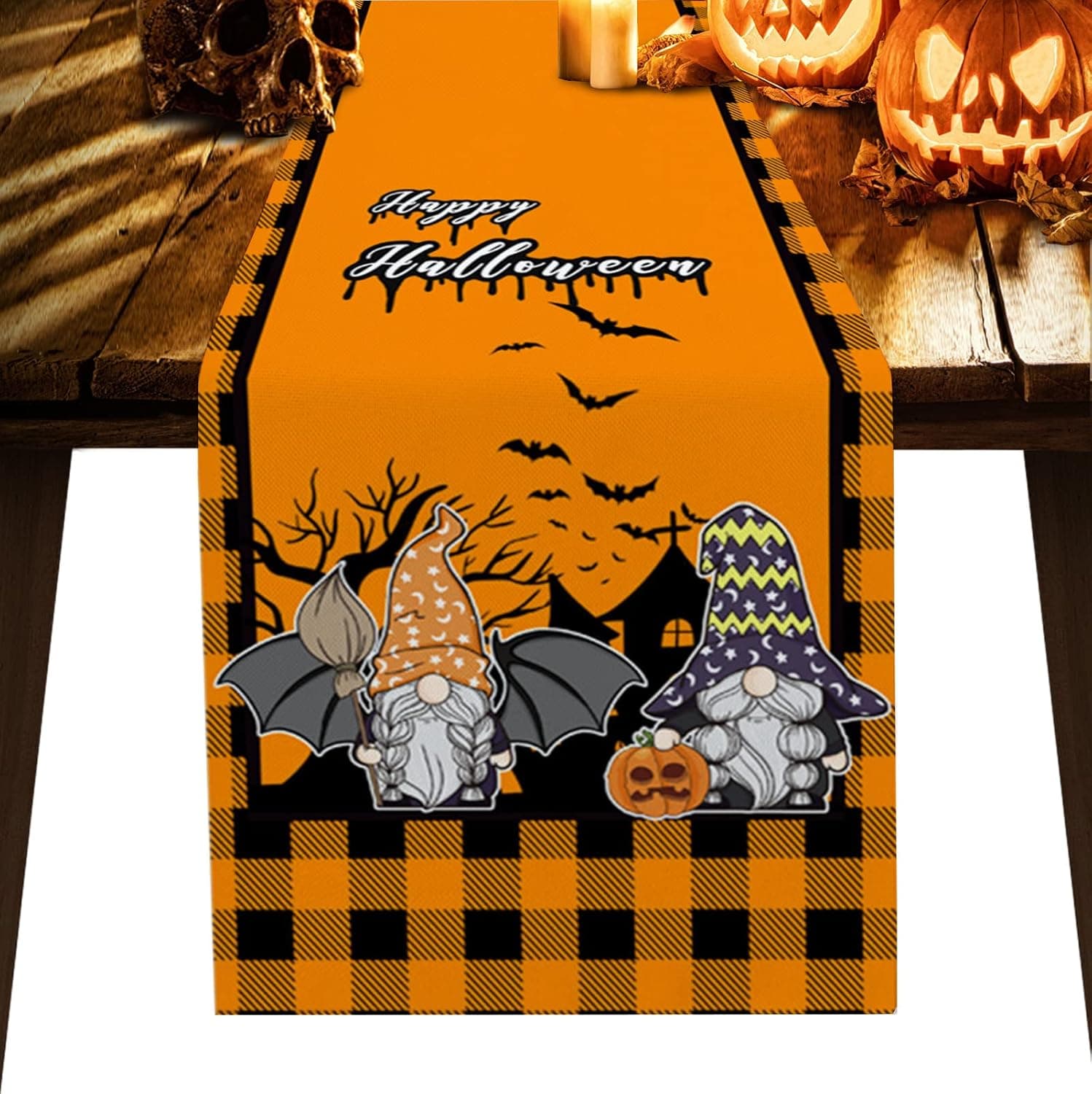 Halloween Table Runner Bat Gnome Pumpkin Table Runners for Dining Room Non-Slip Orange Black Buffalo Plaid Dinner Runner Kitchen Party Decor 13" x 36"