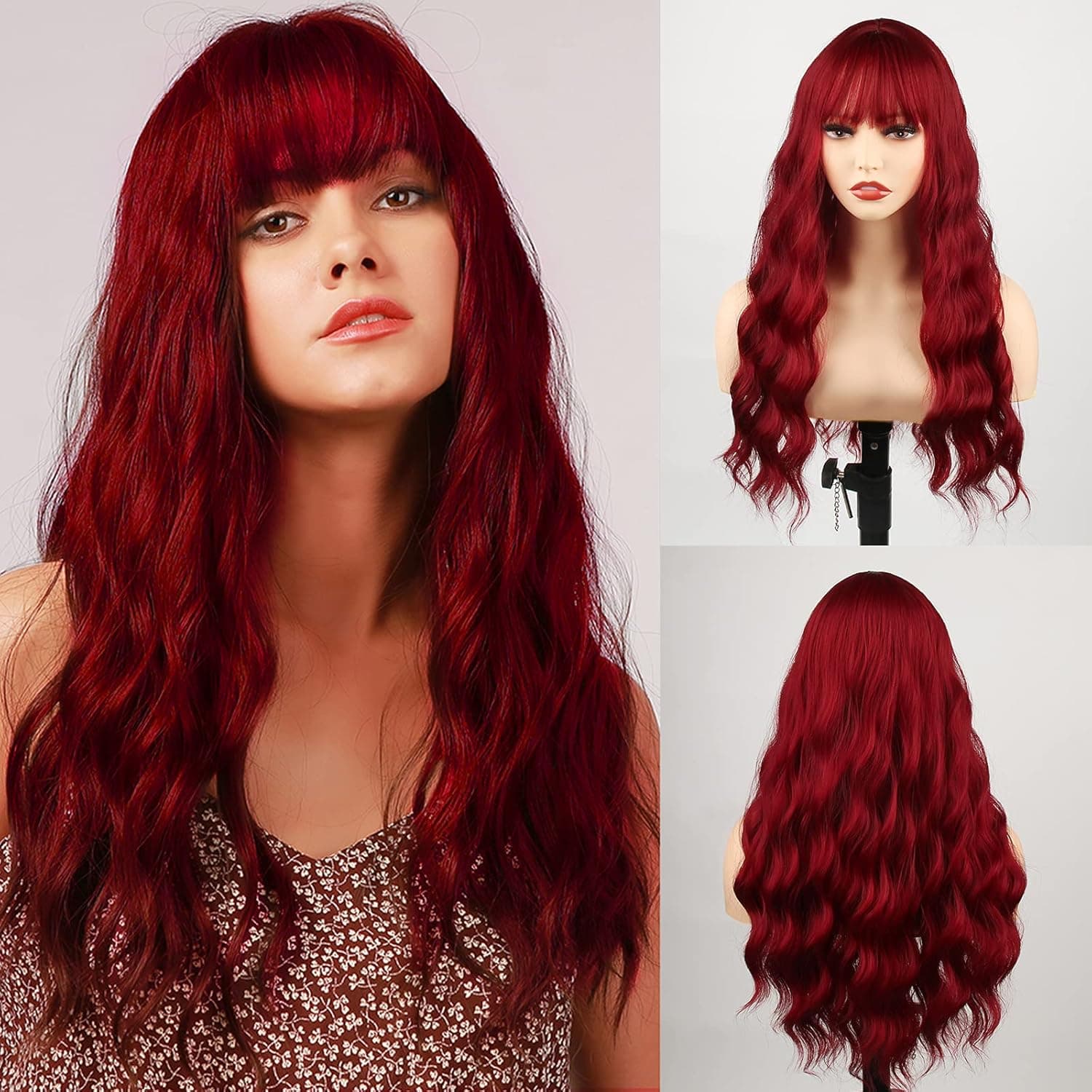 Red Wig for Women, Wavy Red Wigs with Bangs, Long Heat Resistant Synthetic Hair Curly Colorful Headband for White Black Women Cosplay Daily Party