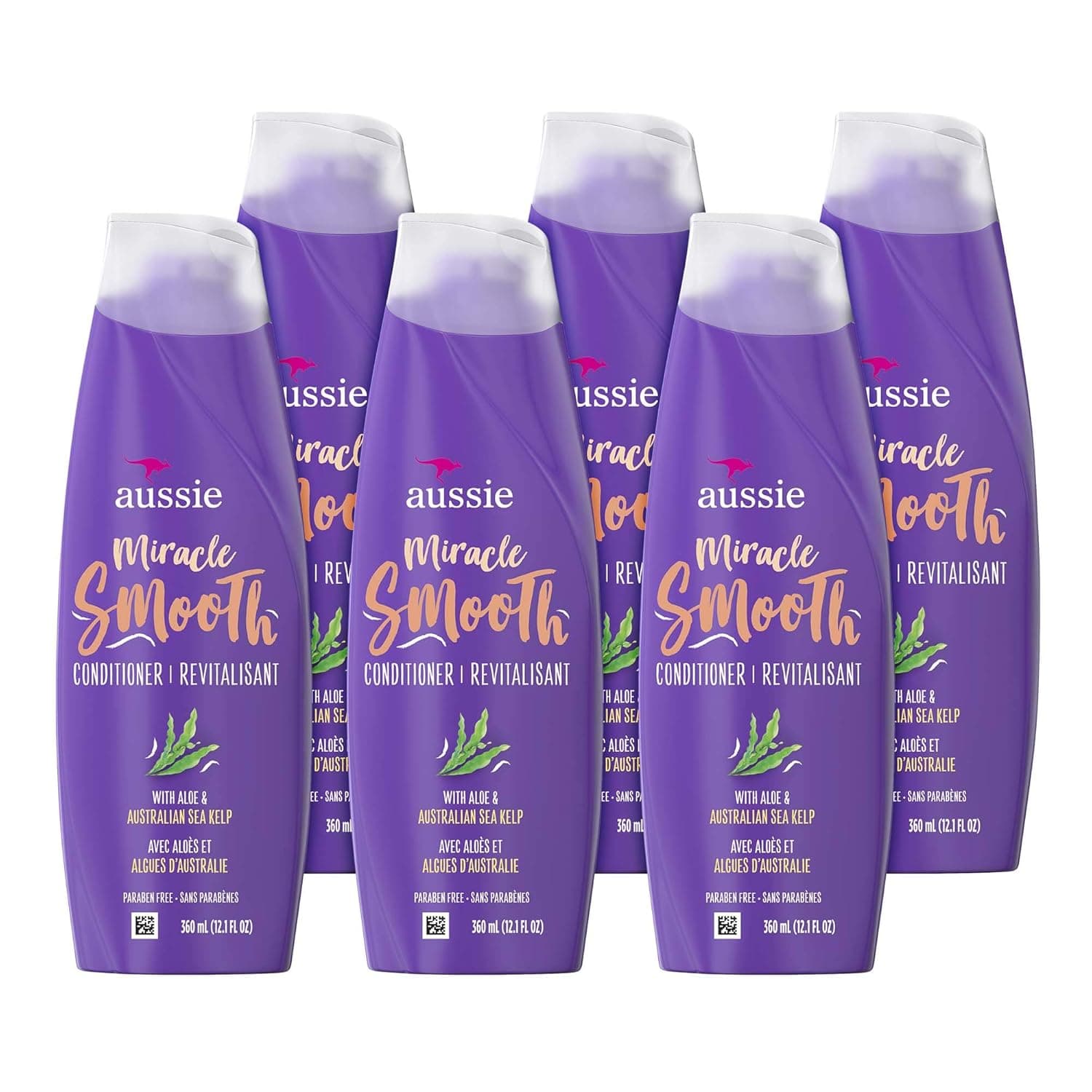 Aussie For Frizzy Hair, Paraben-free Miracle Smooth Conditioner, W/Aloe & Kelp, 12.1 Fluid Ounce, 6 Count
