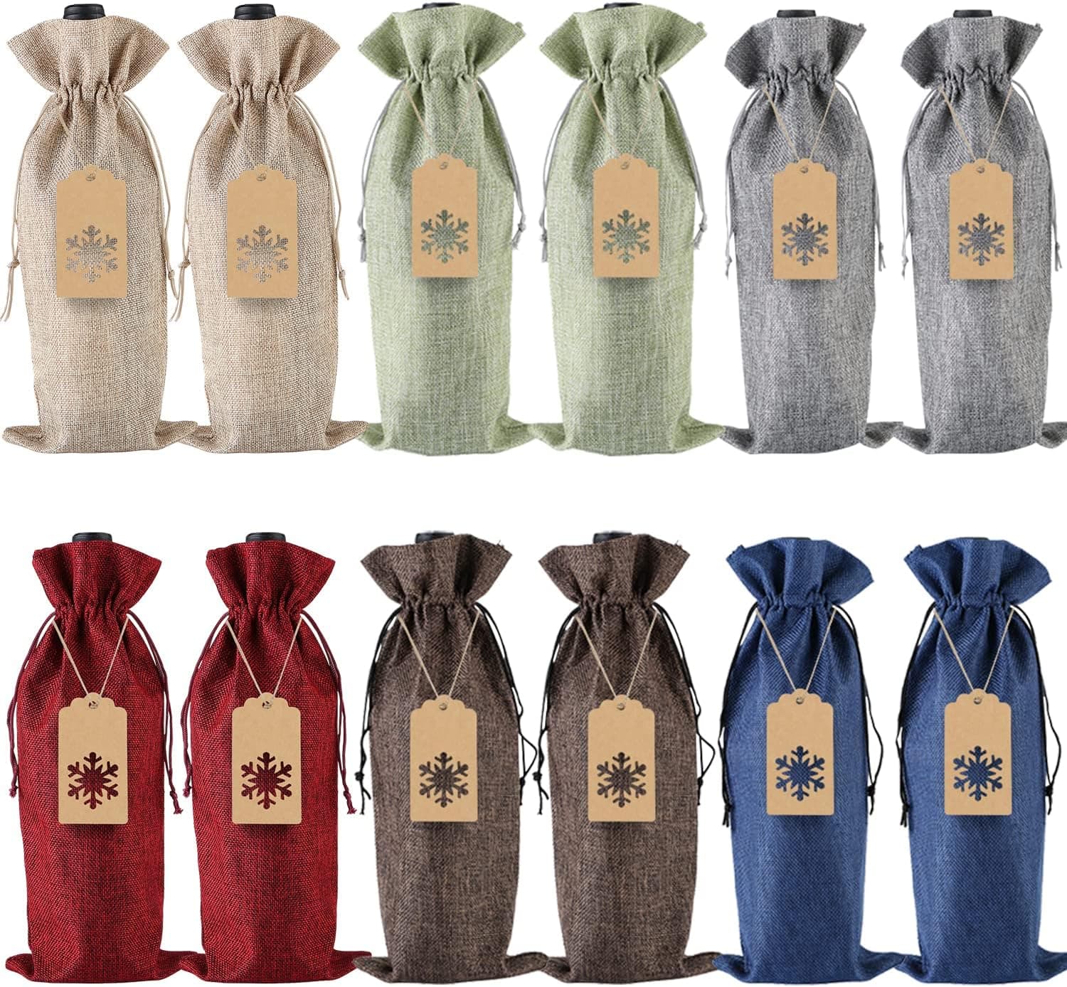 PIXHOTUL Burlap Wine Gift Bags, 12 Pcs Jute Drawstring Wine Bottle Covers with Tags and Ropes for Christmas, Wedding, Travel, Birthday, Holiday Party (6 Colors)
