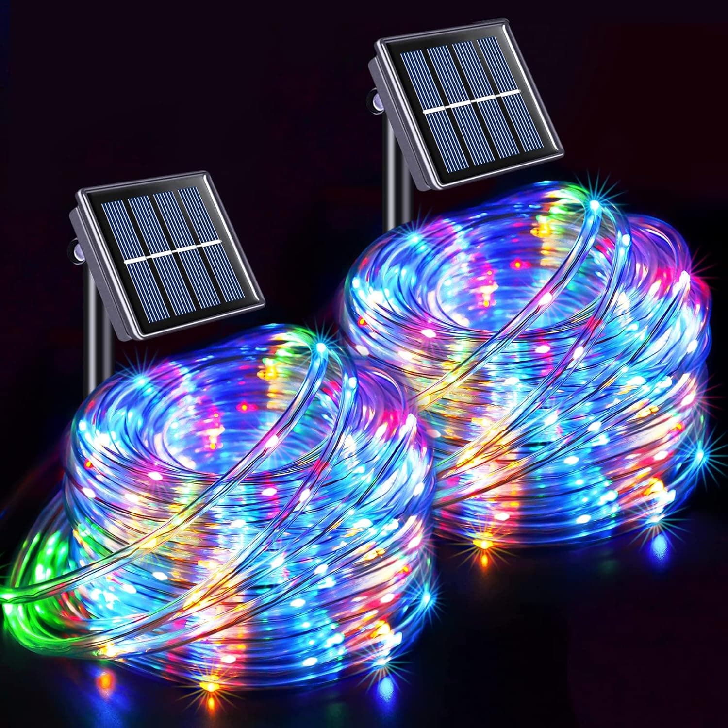 JMEXSUSS Trampoline Accessories Solar Rope Lights, 2 Pack 100 LED IP 65 Solar Rope Lights Outdoor Waterproof, 33ft 8 Modes PVC Tube Solar Trampoline Lights for Xmas Fence Walkway Path (Multicolor)