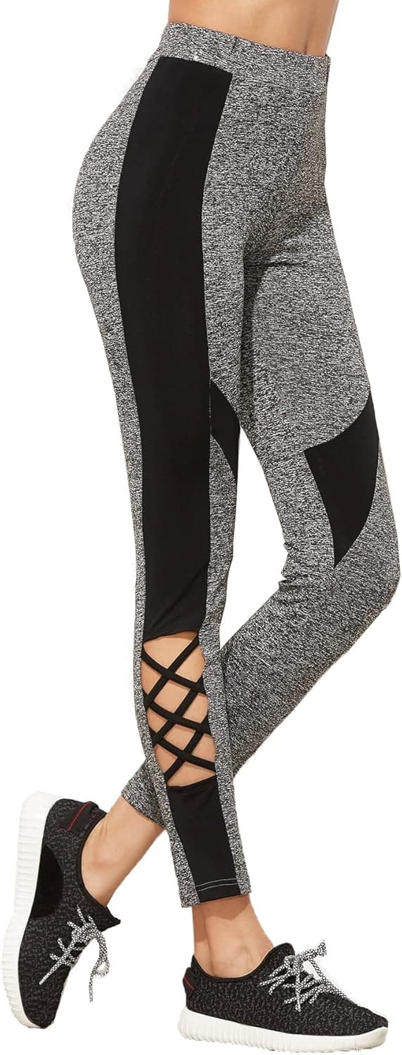 SweatyRocks Women's Stretchy Skinny Sheer Mesh Insert Workout Leggings Yoga Tights (Medium, Color Block#4)