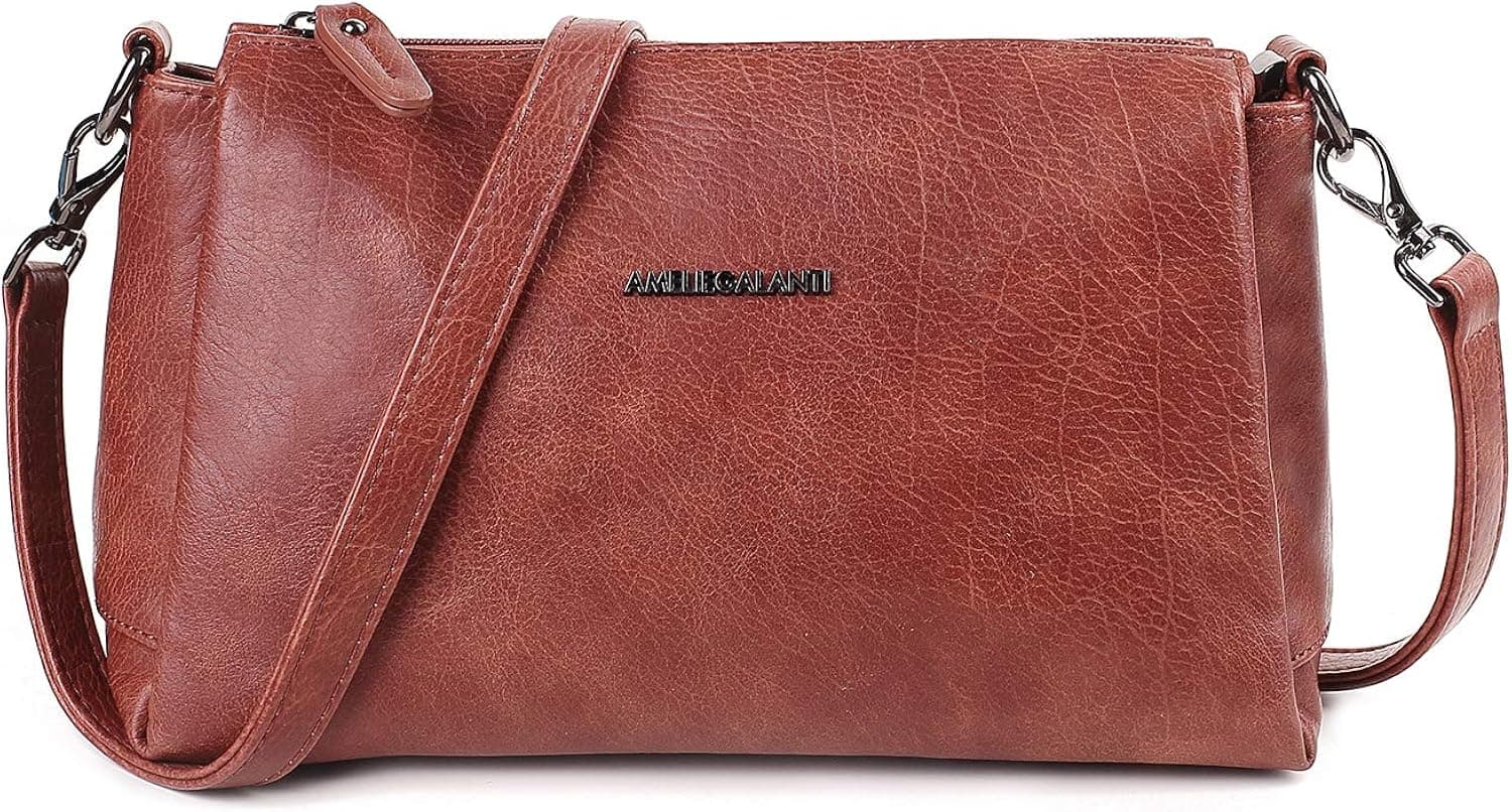 AMELIE GALANTI Crossbody Bag for Women, Purses and Handbags Vegan Leather Shoulder Bag with Triple Zip Pocket and Two Detachable Straps (RED BROWN-02)