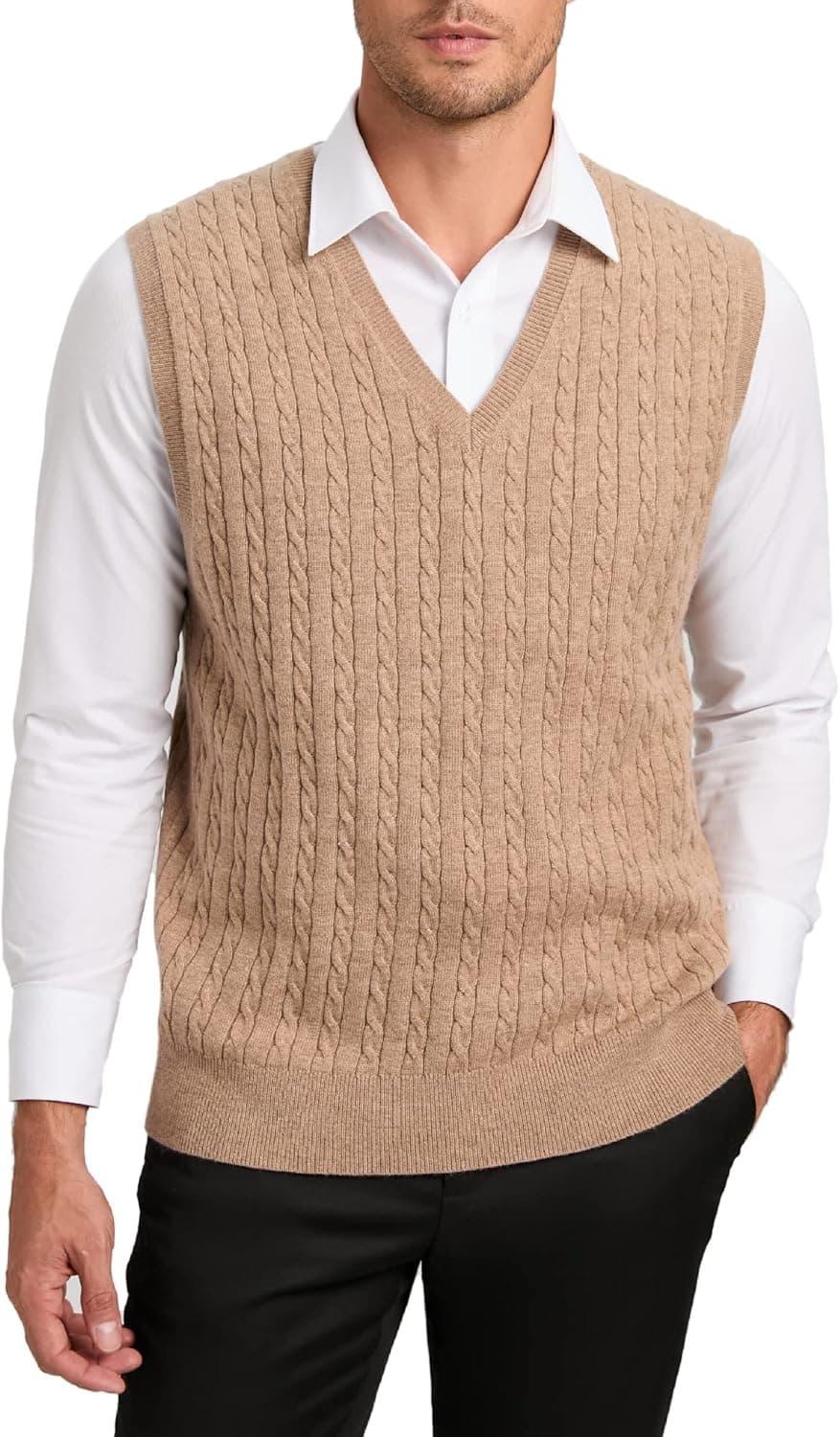 Kallspin Men's Cable Knit Wool Blended Sweater Vest V Neck Relaxed Fit Sleeveless Pullovers