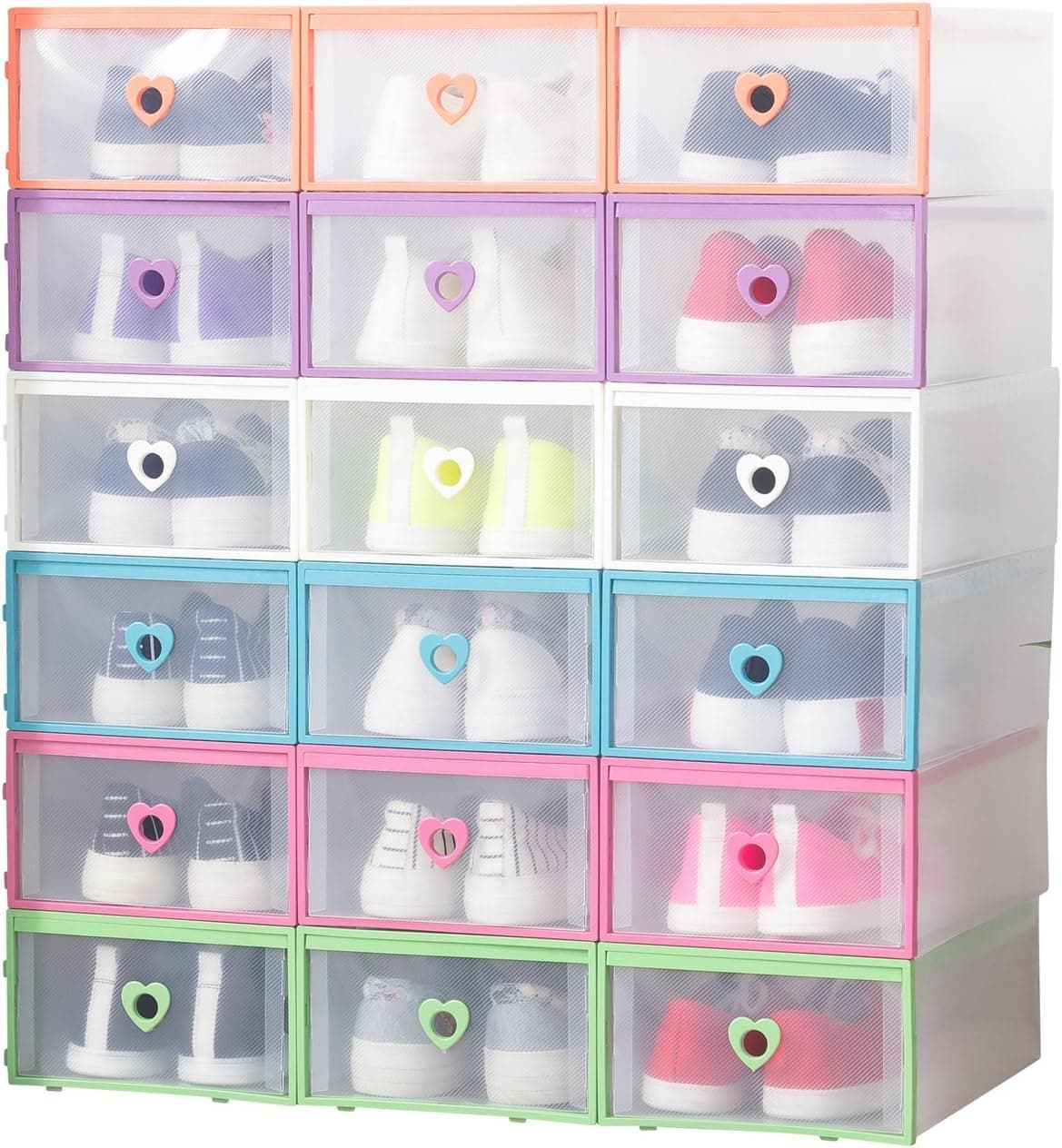 Smilun Portable Shoe Boxes Container for Closet Organizer Clear Plastic Shoe Boxes Shelf Stackable Foldable Organizer Box Multicolour Heart12PCs
