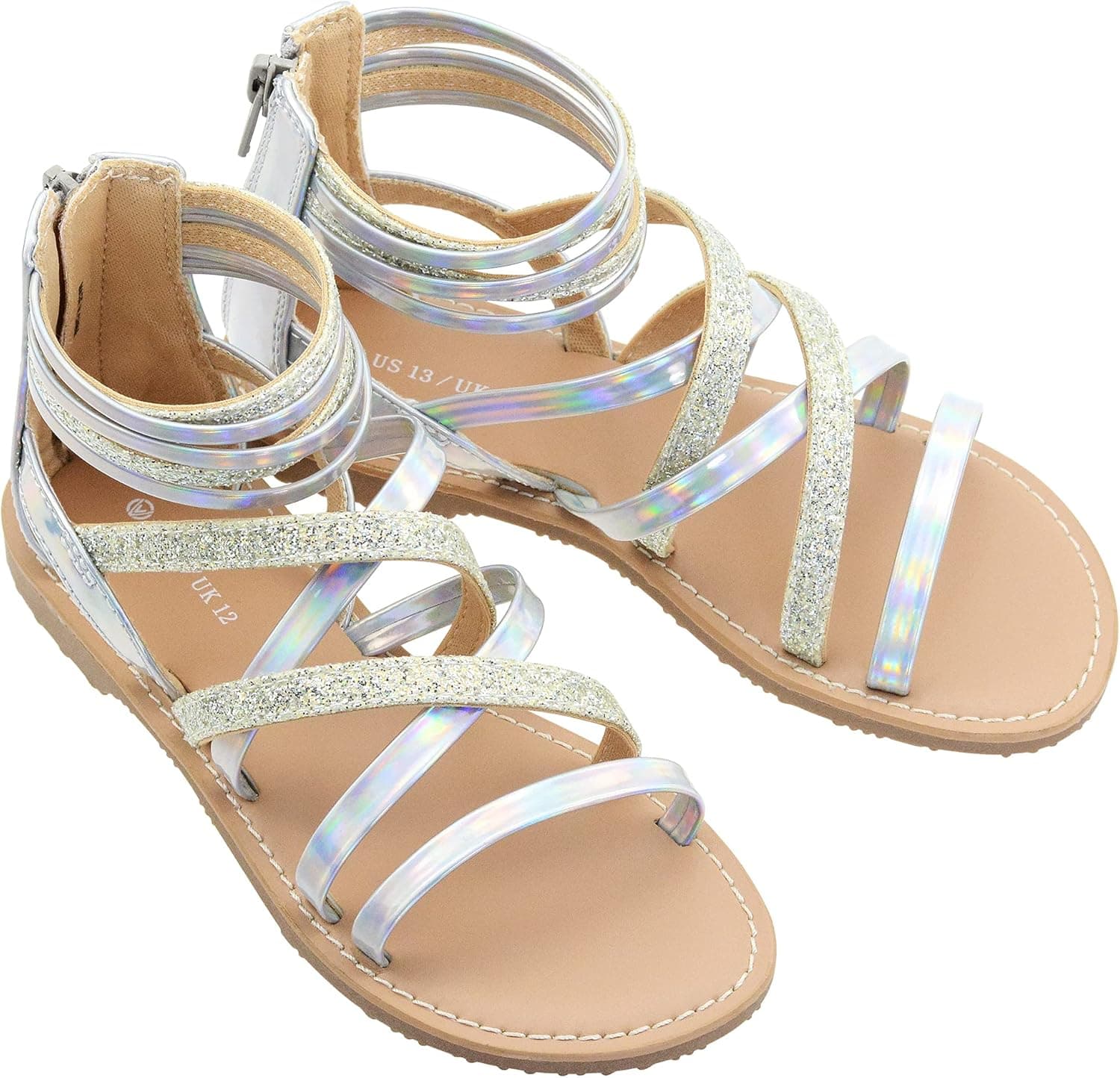 SKABIU Girls Gladiator Sandals Glitter Strappy Open Toe Summer Sandals with Zip Closure Gold Silver