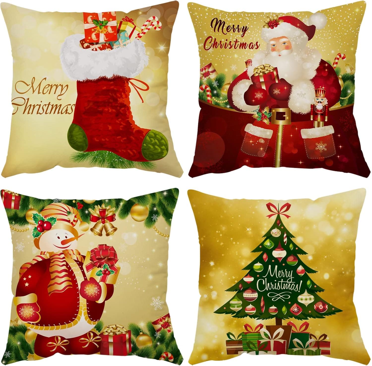 Merry Christmas Pillow Covers 24x24 Set of 4 Velvet Christmas Pillow Cases Gold Xmas Holiday Throw Pillow Covers Soft Christmas Tree Cushion Covers for Outdoor Home Bed Sofa Couch(24 Inch)