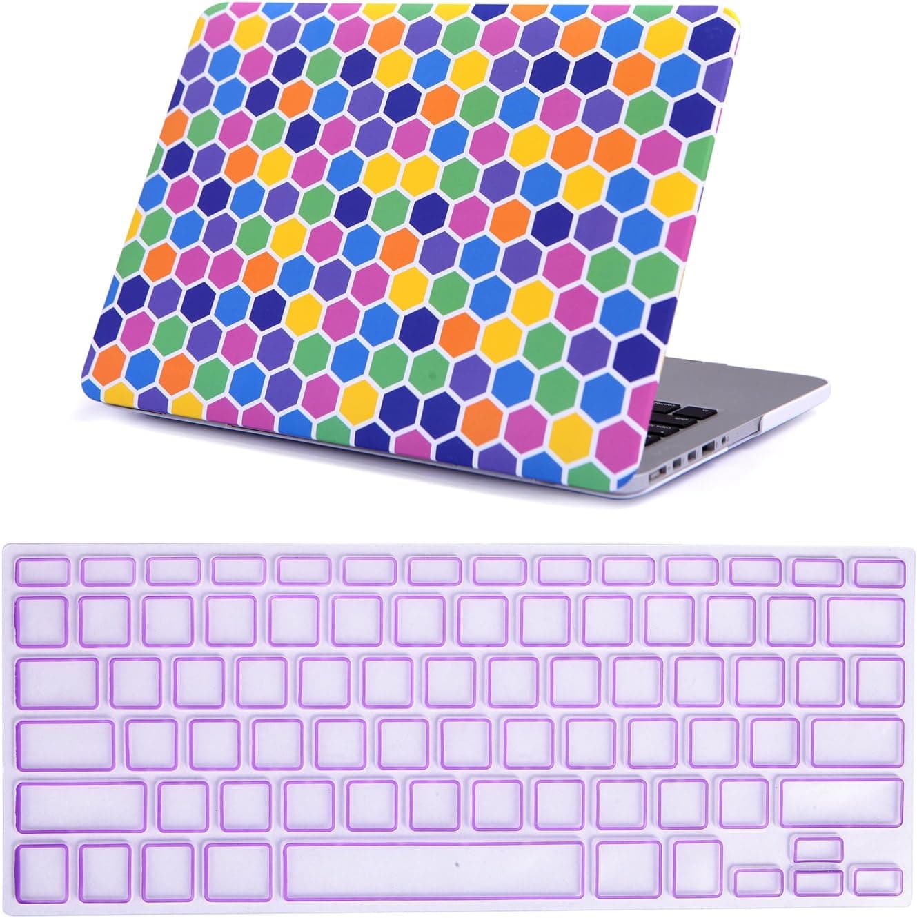 HDE MacBook Pro 13" Retina Case Rainbow Hexagon Pattern Designer Hard Shell Rubber Coated Plastic Cover with Keyboard Skin fits No CD Drive Models A1425 / A1502 (Rainbow Honeycomb)
