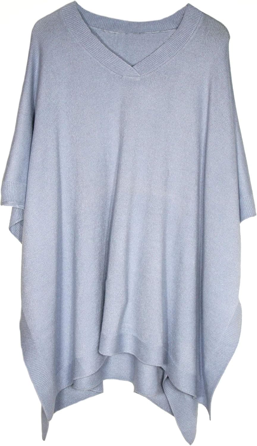 Modena Women's Extrasoft Fine Knit Pullover Poncho. Sleeveless, Open Sides. V Neck Easy On and Off. Lt Blue