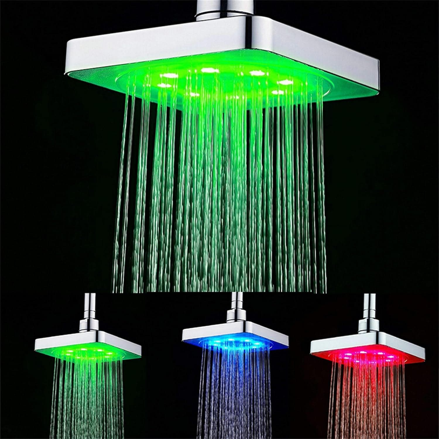 GuDoQi LED Square Shower Head, Temperature Control Shower 3 Colour Changing Water Flow Powered, 6-inch Square Rain Shower Head with 6 Pieces LED for Bathroom
