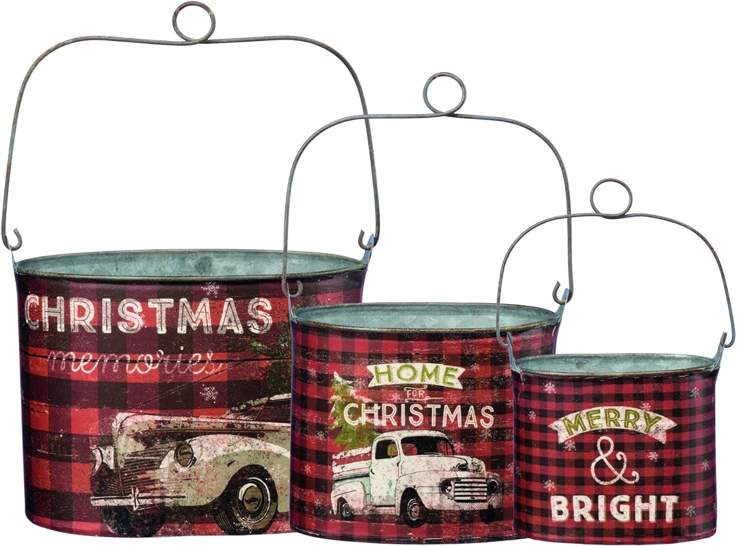 Primitives by Kathy Rustic Christmas 3-Piece Tin Bucket Set, Set of 3, Plaid
