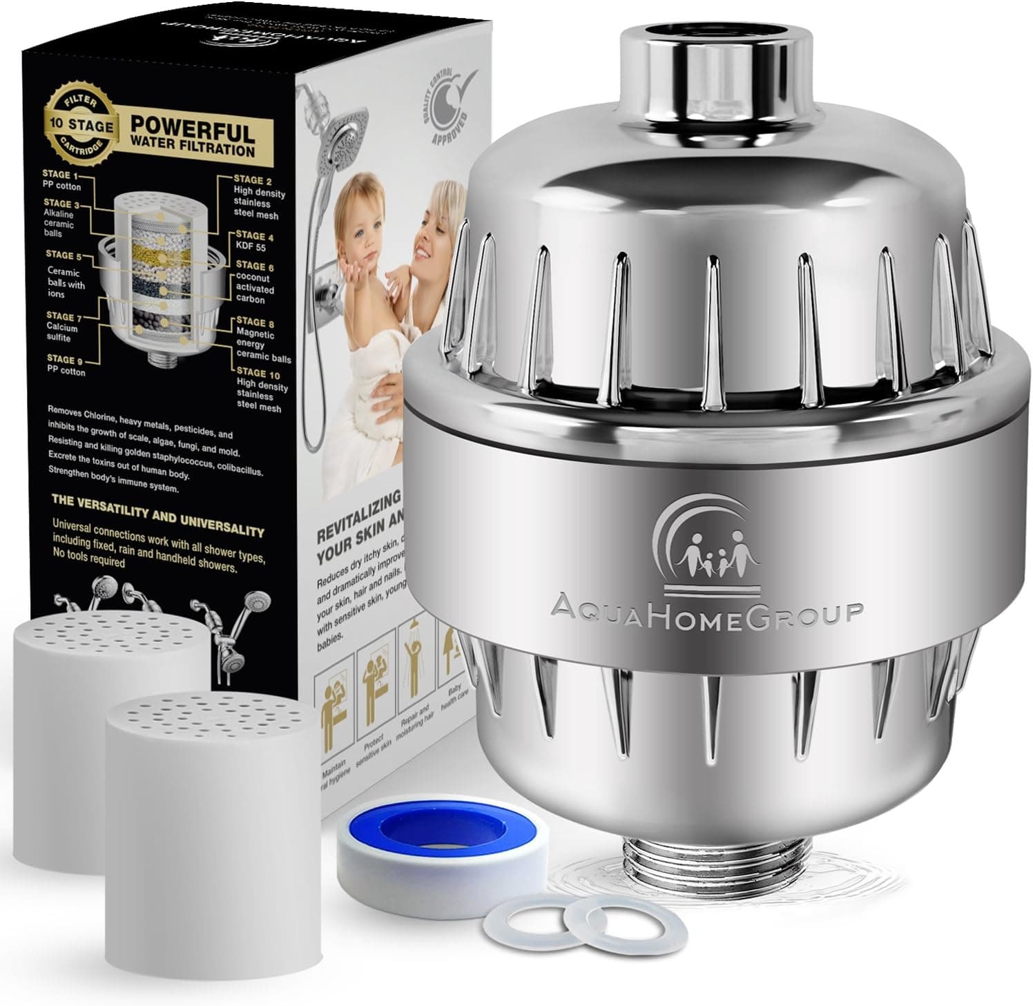 AquaHomeGroup Shower Water Filter Multi-Stage - 2 Cartridge Included - Removes Chlorine, Impurities, Unpleasant Odors - Boosts Skin and Hair Health - For Any Shower Head and Handheld Shower
