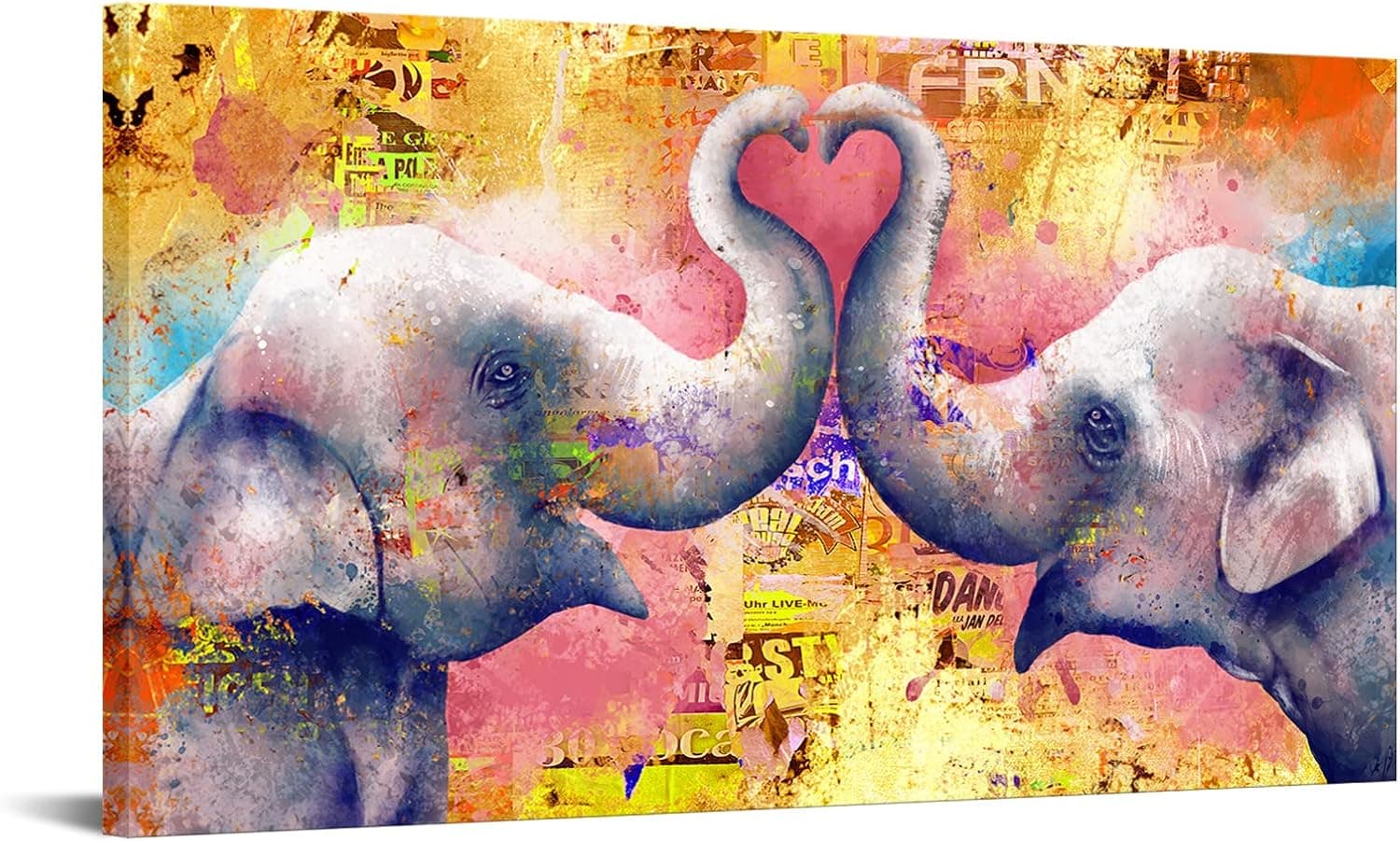 Conipit Funny Elephant Canvas Romantic Love Elephant Painting Framed Couple Elephant Picture Graffiti Elephant Artwork Print for Bedroom Living Room 20"x36"