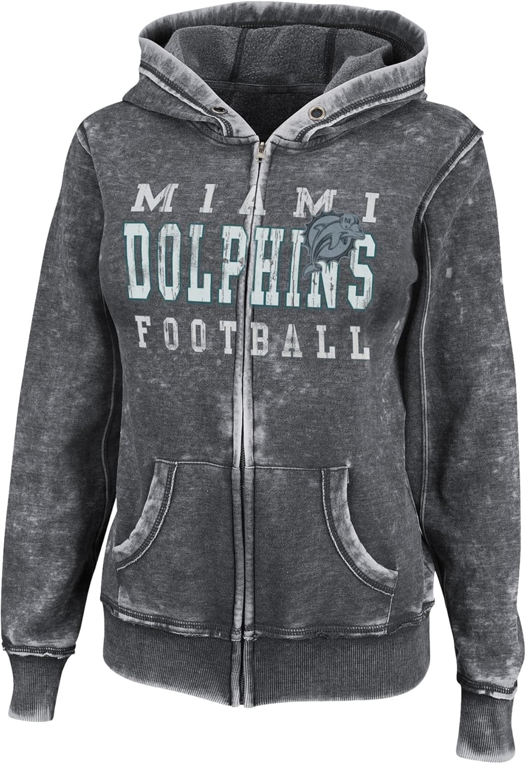 NFL Womens Miami Dolphins Sport Princess II Washed Charcoal Heather Long Sleeve Full Zip Hood Brnout Fleece