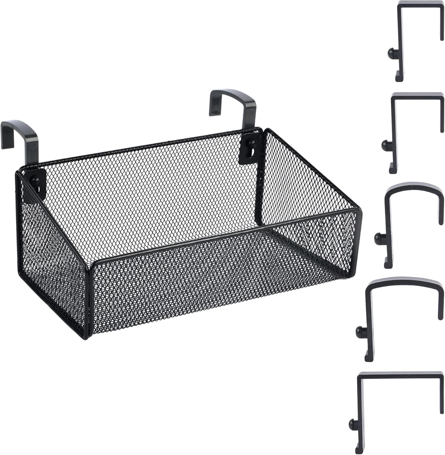 Bedside Shelf for Bed & Bunk Bed Storage Basket Office Cubical Wall Hanging Organizer - 5 Different Size Hooks - College Dorm Home Office Essentials for Phone,Book,Drink,Tissue (Black)