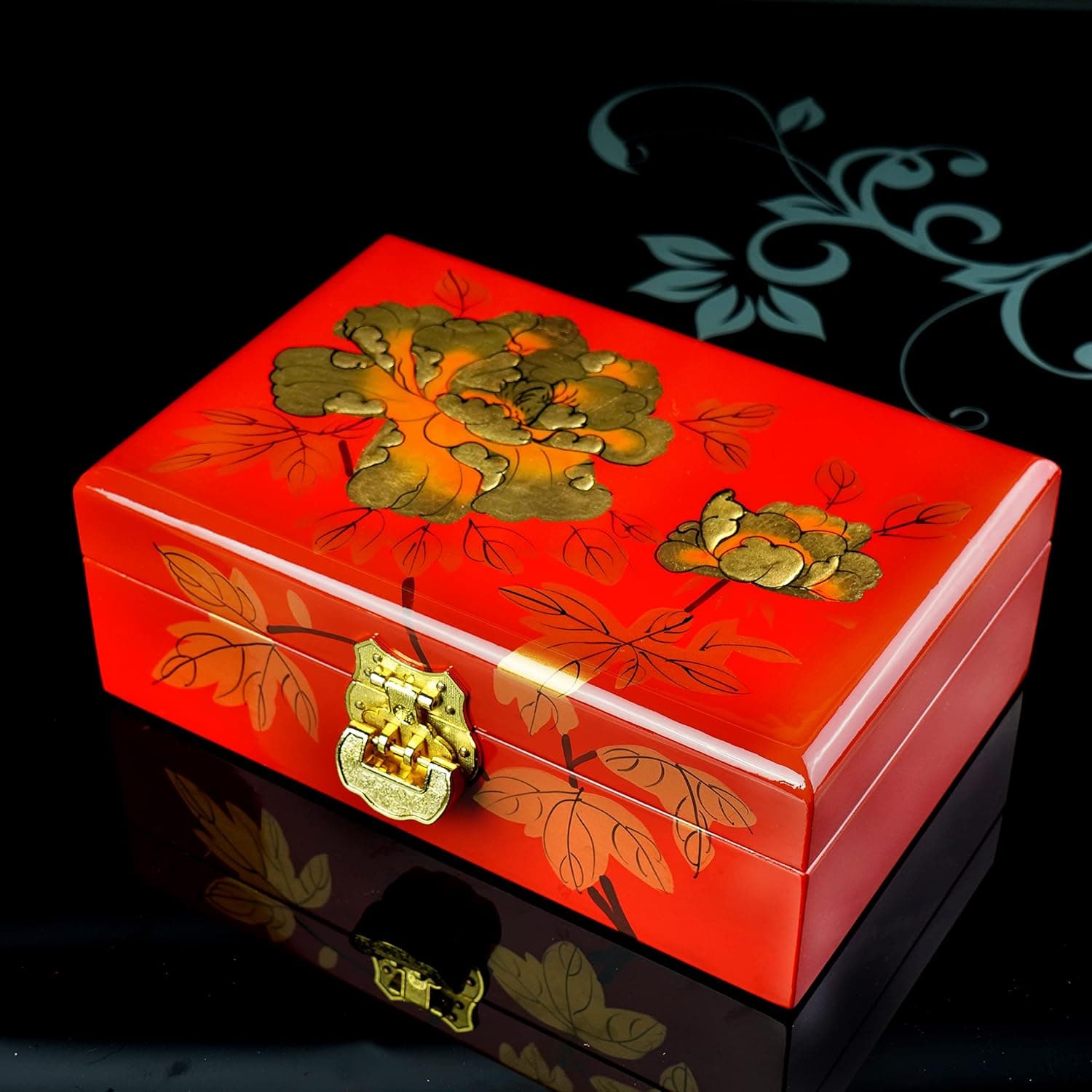 OwMell Vintage Handmade Chinese Jewelry Box, Hand-Painted Peony Lacquer Trinket Box, Wooden Jewelry Storage Organizer, 2 Layers with Mirror Lid & Lock