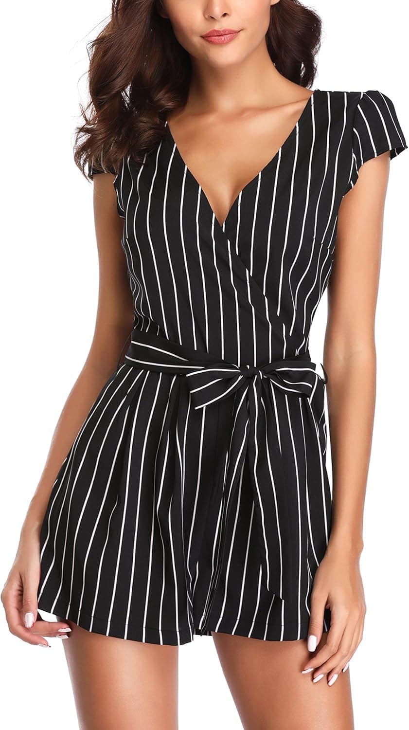 MISS MOLY Striped Jumpsuit for Women Flattering Deep V Neck Striped Sleeveless Cute Summer Playsuits with Belt Black-S