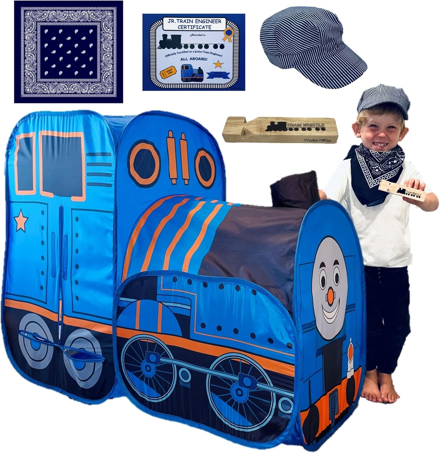 Train Play Tent Large- with Children Train Engineer Hat, Blue Bandana, Train Whistle, and Engineer Certificate (5 Items)