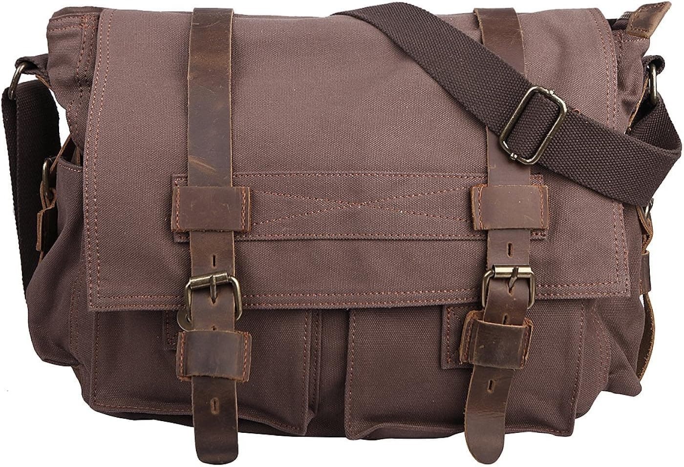 HDE Vintage Canvas Messenger Bag Leather Military Tactical Style Travel Shoulder Field Bag fits 15 Inch Laptop