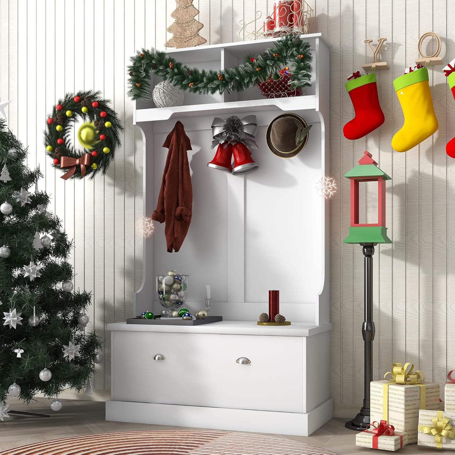 Polibi 3-in-1 Hall Tree with Top Shelves and Storage Bench Cabinet, 72'' Wood Storage Bench with 4 Hooks and Drop-Down Cabinet Door for Entryway, Living Room and Bedroom (White)