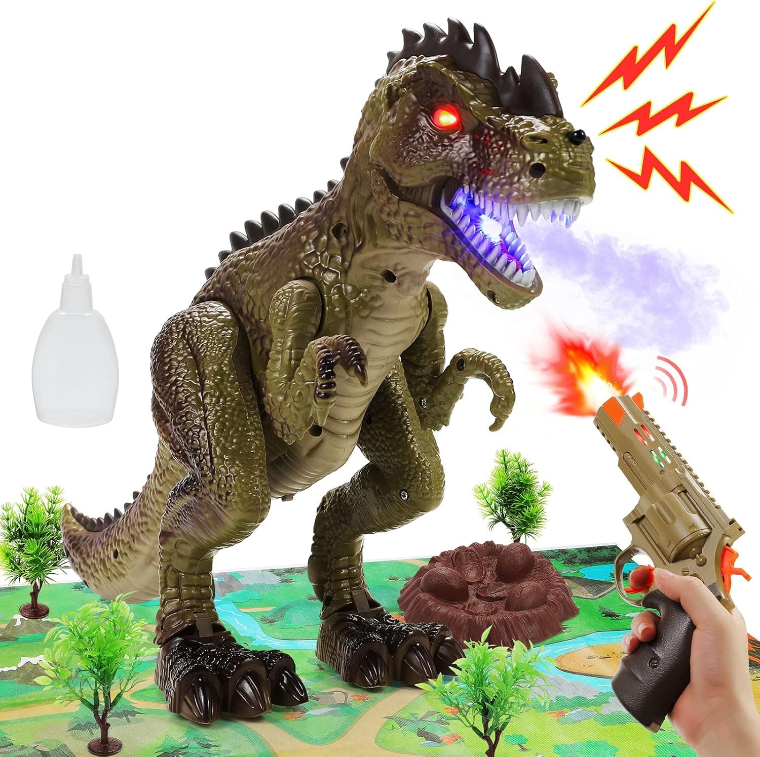 Remote Control Dinosaur Toys for Kids Toddlers Boys Girls RC Jurassic T Rex Attack Shooting Roaring, Spraying, Lighting Walking Tyrannosaurus Toys with Activity Play Mat Christmas Birthday Gifts