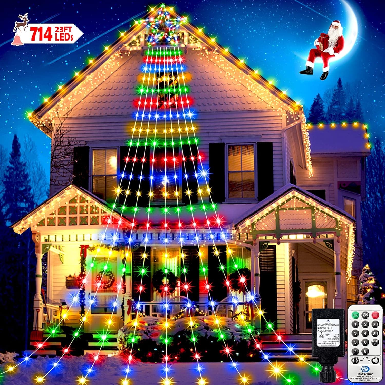 Heceltt 714 LED Waterfall Christmas Outdoor Decoration Lights, Clear Wire 8 Modes Plug in Waterproof Christmas Star String Lights for Tree Yard Exterior Wall Housetop Window Holiday Decor(Multicolor)