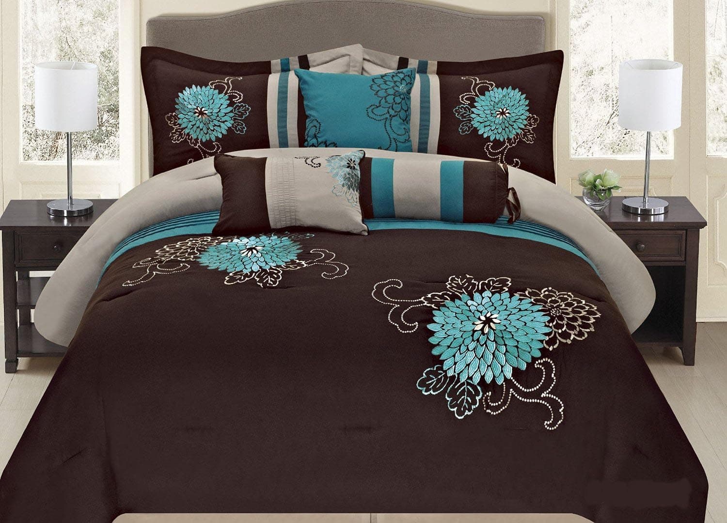 Fancy linen 7 Pc Comforter set (King, Brown turquisetaupe)
