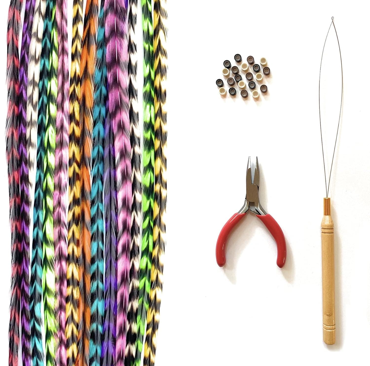 Feather Hair Extensions, 100% Real Rooster Feathers, Long Rainbow Colors (RAIN Striped Kit)
