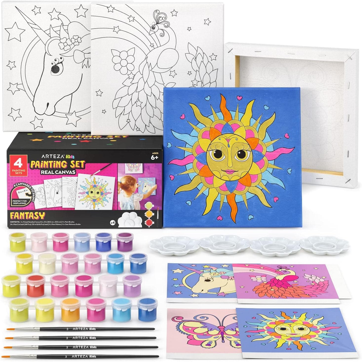 Arteza Kids Fantasy Painting Kit, 4 Canvases, 8 x 8 in, 24 Acrylic Paints, 4 Paint Brushes, 4 Palettes, Kids Activities Ages 6 and Up