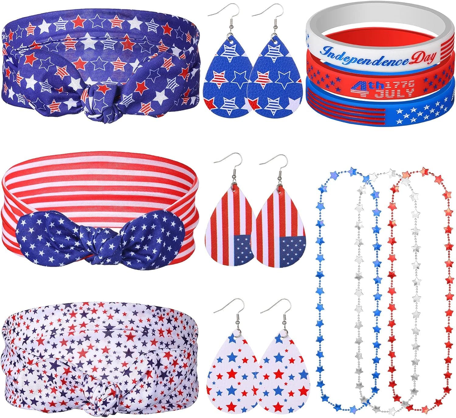 12 Pieces American Flag Patriotic Headband Set 4th of July Star Bead Necklaces American Faux Leather Dangle Earrings Red White and Blue Patriotic Bracelet for Women Girl Independence Day Accessories