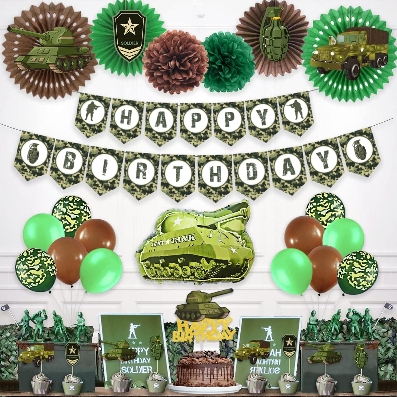 Army Party Decorations, Hombae Army Birthday Party Supplies, Army Birthday Party Decorations, Army Banner Cake Toppers Camouflage Balloons Tank Foil Balloon Grenade Tank Military Badge Cut Outs Green Brown Paper Fans
