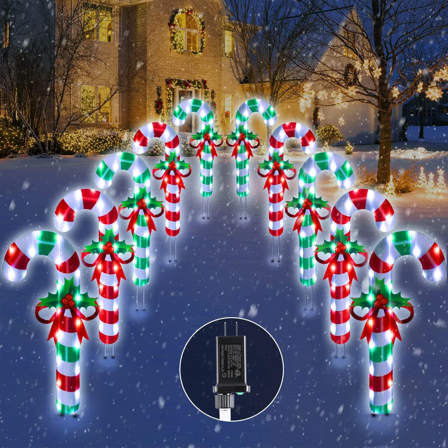 10 Pack Christmas Candy Cane Yard Lawn Signs, 8 Lighting Modes Double Printed Waterproof Outdoor Christmas Pathway Lights with Timer Plug for Christmas Walkway Porch Lawn Garden Outdoor Decor