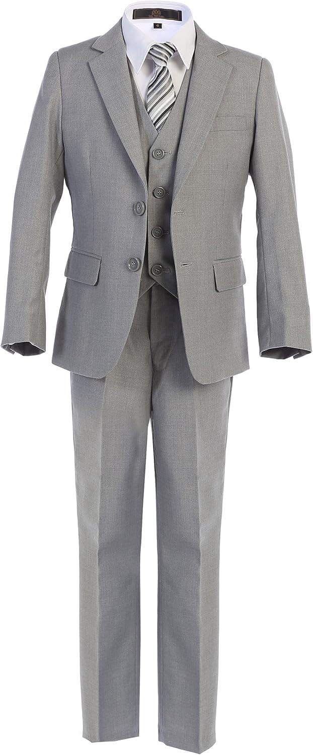 Premium Quality 5-PC Kids Boys Formal Suit Set - Jacket/Vest/Pants/Shirt/Tie