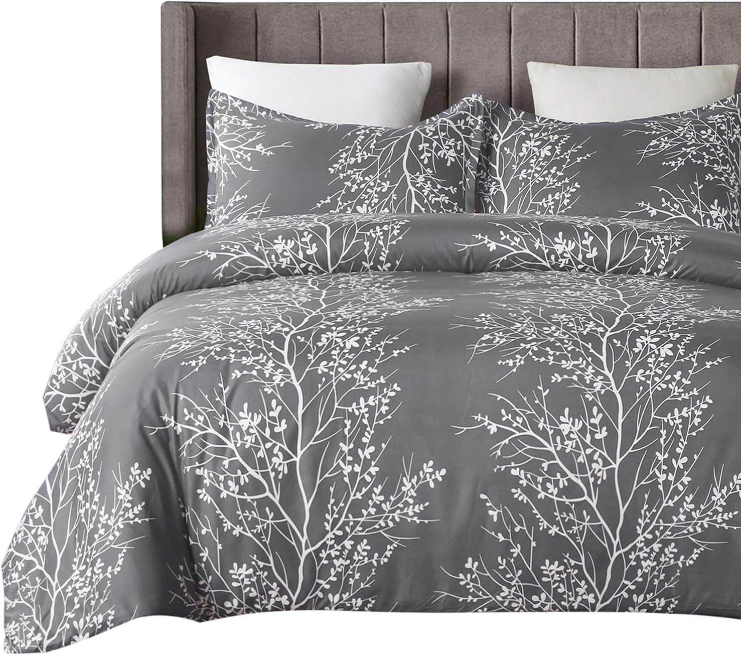 Vaulia Lightweight Microfiber Duvet Cover Set, Grey and White Floral Branches Printed Pattern - King Size 3-Piece Set (1 Duvet Cover 2 Pillowcases)