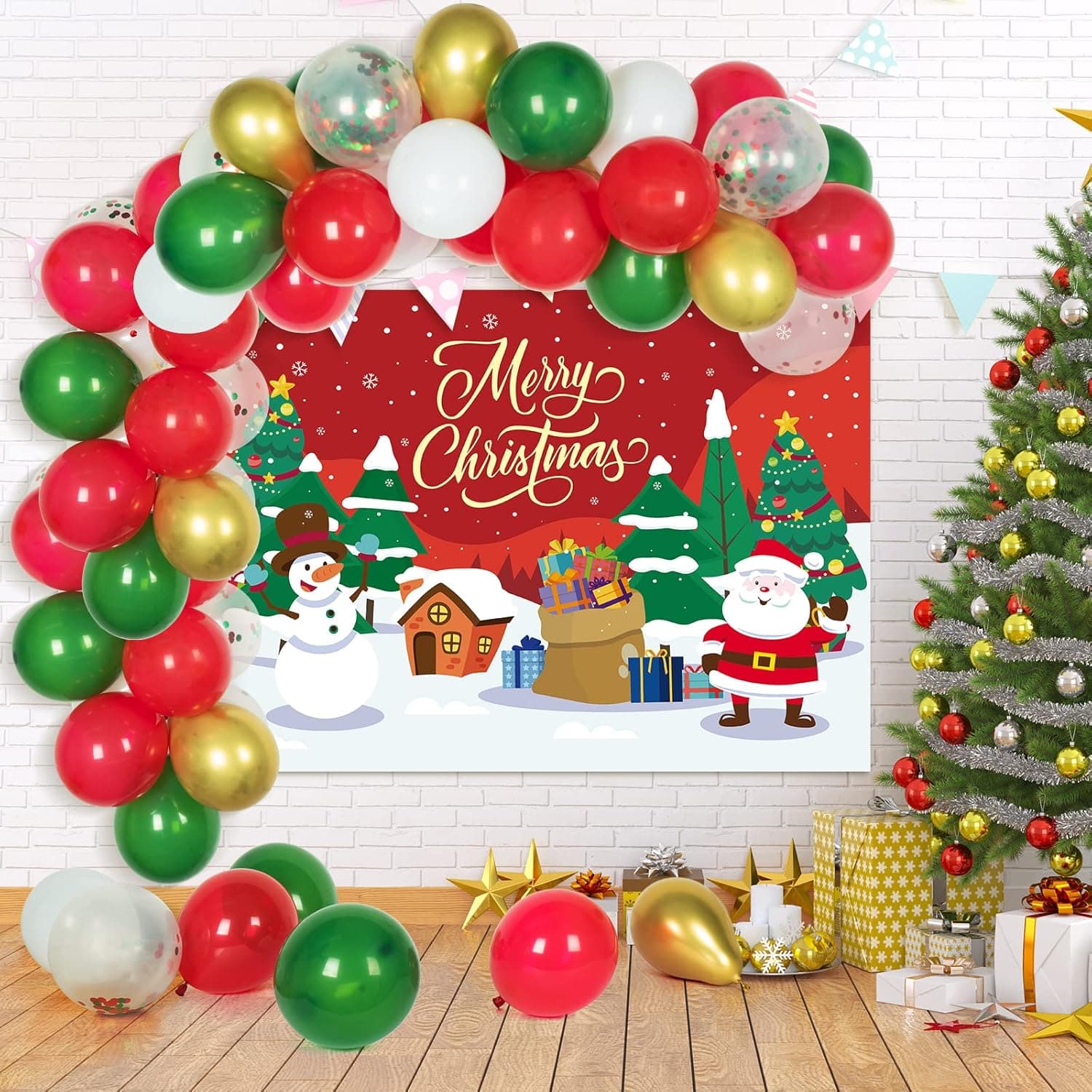 DECORLIFE Christmas Photo Backdrop, Xmas Balloon Arch Kit and 2PCS Tablecloth Included, Party Decorations for Kids