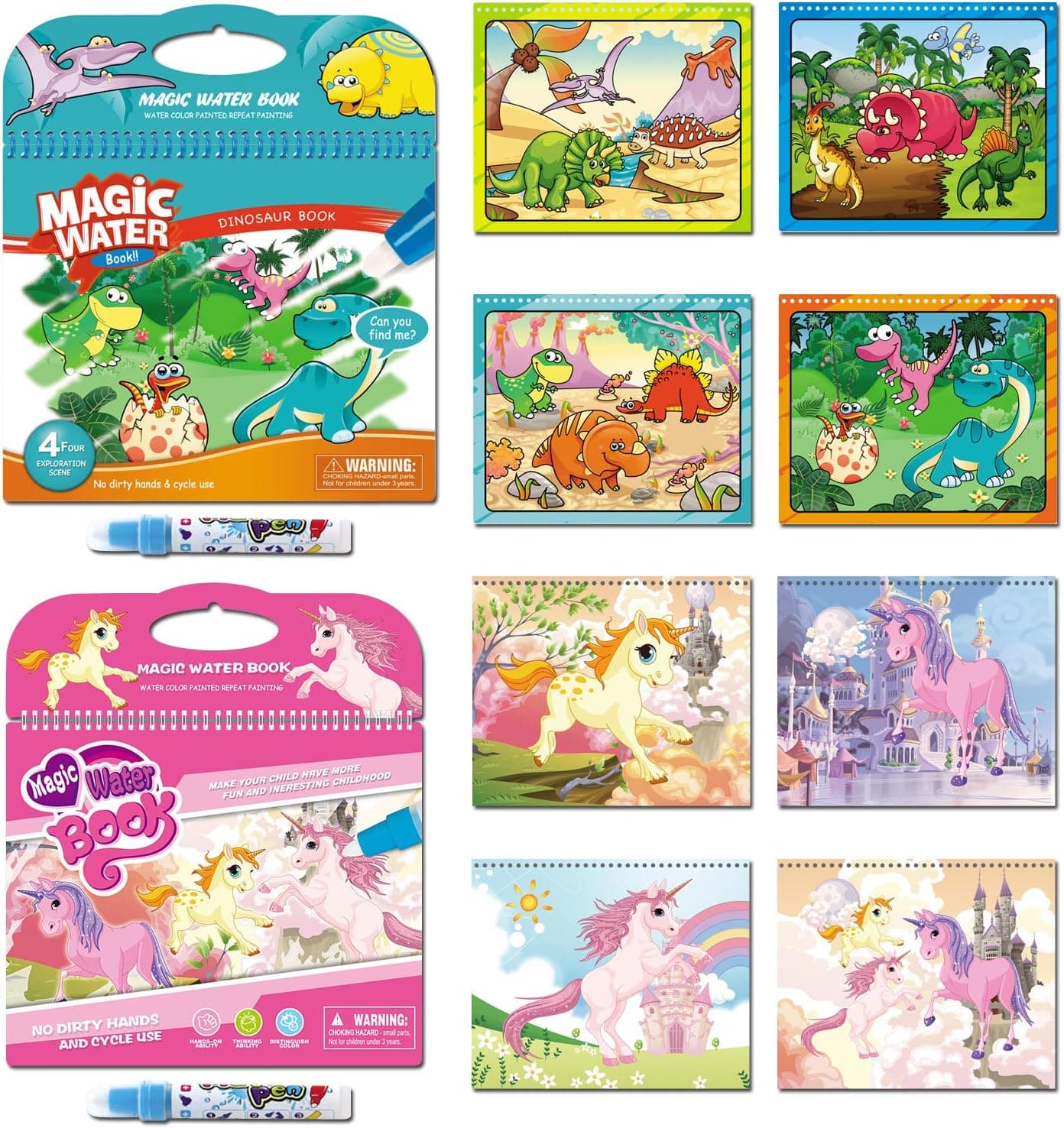 Paint with Magic Water Coloring Books for Toddlers,2-Pack,Reusable Water Reveal Activity Books for Kids, Gift for Girls and Boys for 3, 4, and 5 Year Olds(Dinosaur&Unicorn)