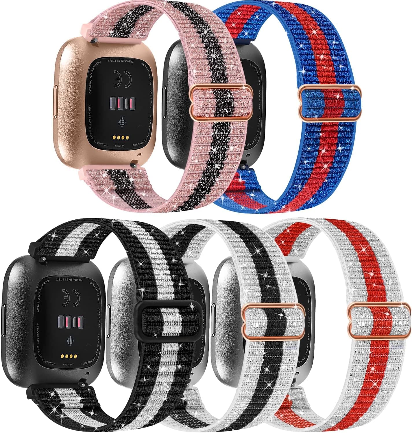 ShuYo Adjustable Elastic Nylon Watch Band Compatible with Fitbit Versa 2 / Versa/Versa Lite, 23mm Smartwatch Stretchy Bands Women Men Sport Replacement Loop Band Bracelet Soft Wristband(5 Pack)
