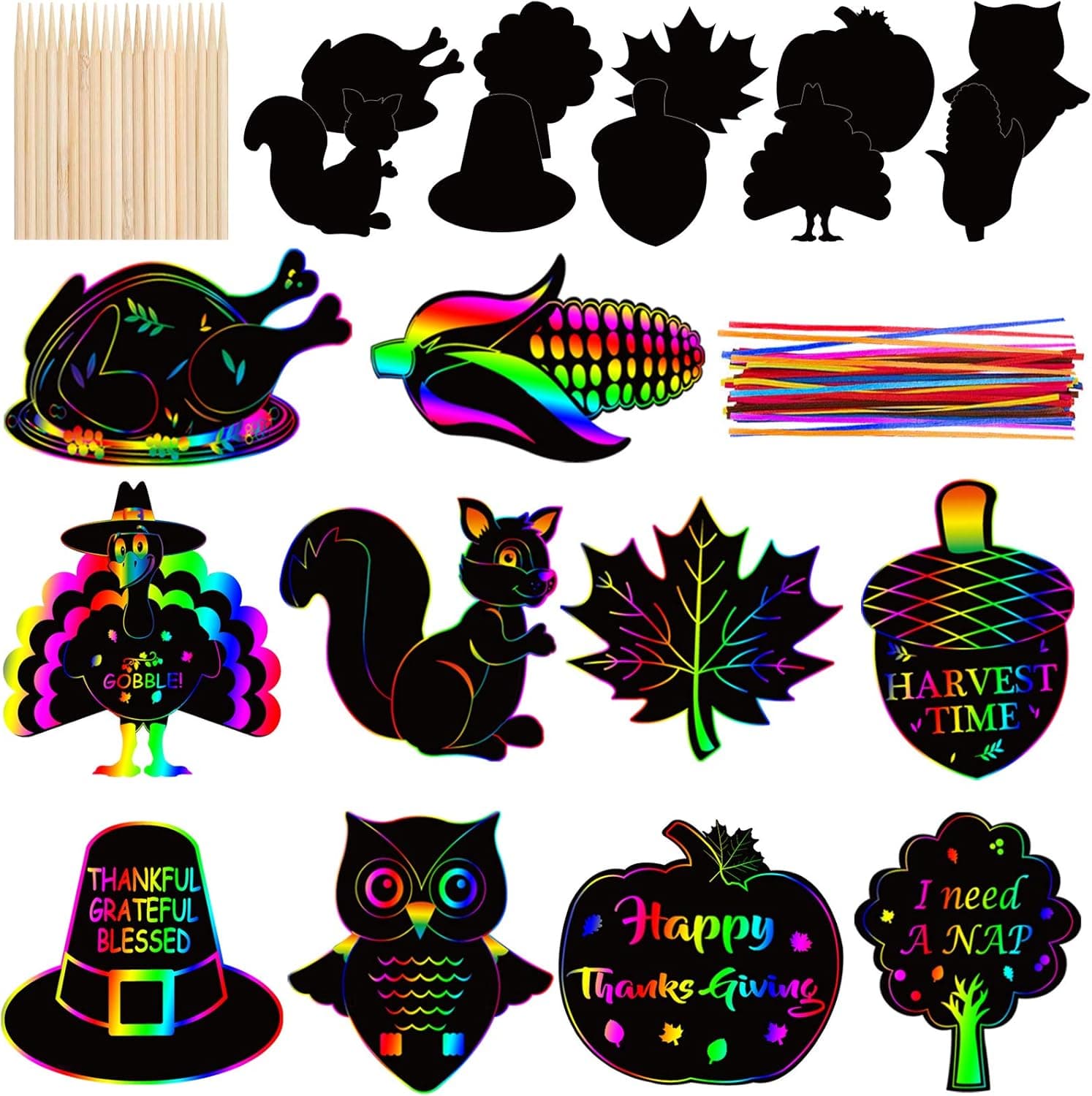 40 PCS Fall Thanksgiving Rainbow Magic Scratch Art Set - Fall Thanksgiving Paper Crafts Kit for Kids - Thanksgiving Turkey Maple Pumpkin Hanging Ornaments Decoration for Home Tree Classroom Decor