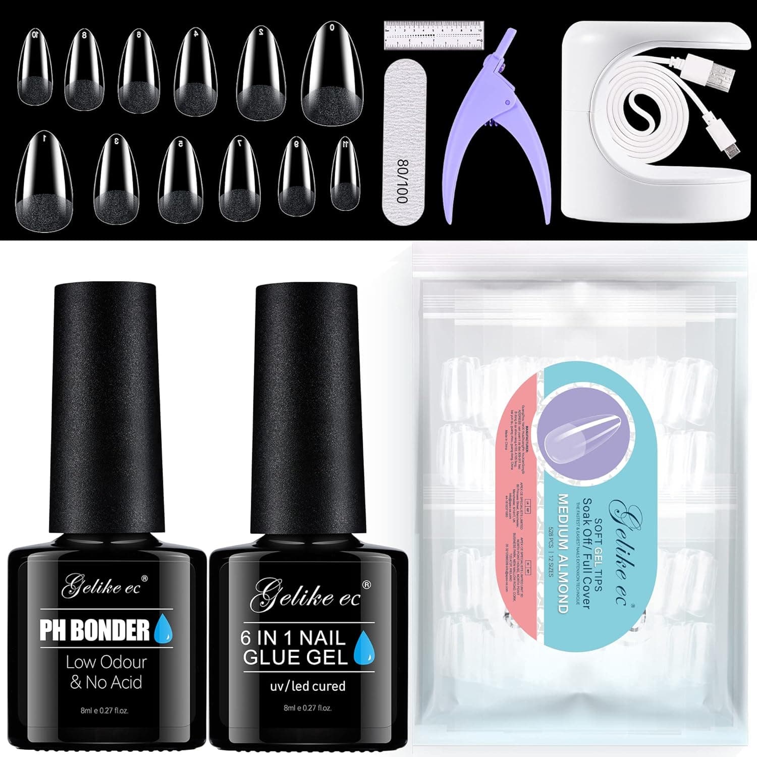 Gelike EC Gel Nail Kit Nail Extension Set: 528pcs Short Almond Shape Soft Gel Nail Tips, 6 In 1 Nail Glue Gel and Primer, LED Nail Lamp, Nail Files, Clipper and Soft Ruler for Fast Acrylic Nail Art DIY Home Manicure- Upgraded Gel x Nail Kit