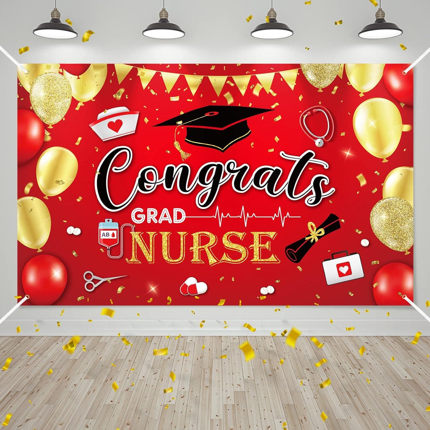 Congrats Nurse Themed Backdrop Banner Red Graduation Party Supplies Nurse Class of 2023 Grad Background Nurse Photo Booth Props with Rope for Wall Decorations Indoor/outdoor, 71 x 43 Inch