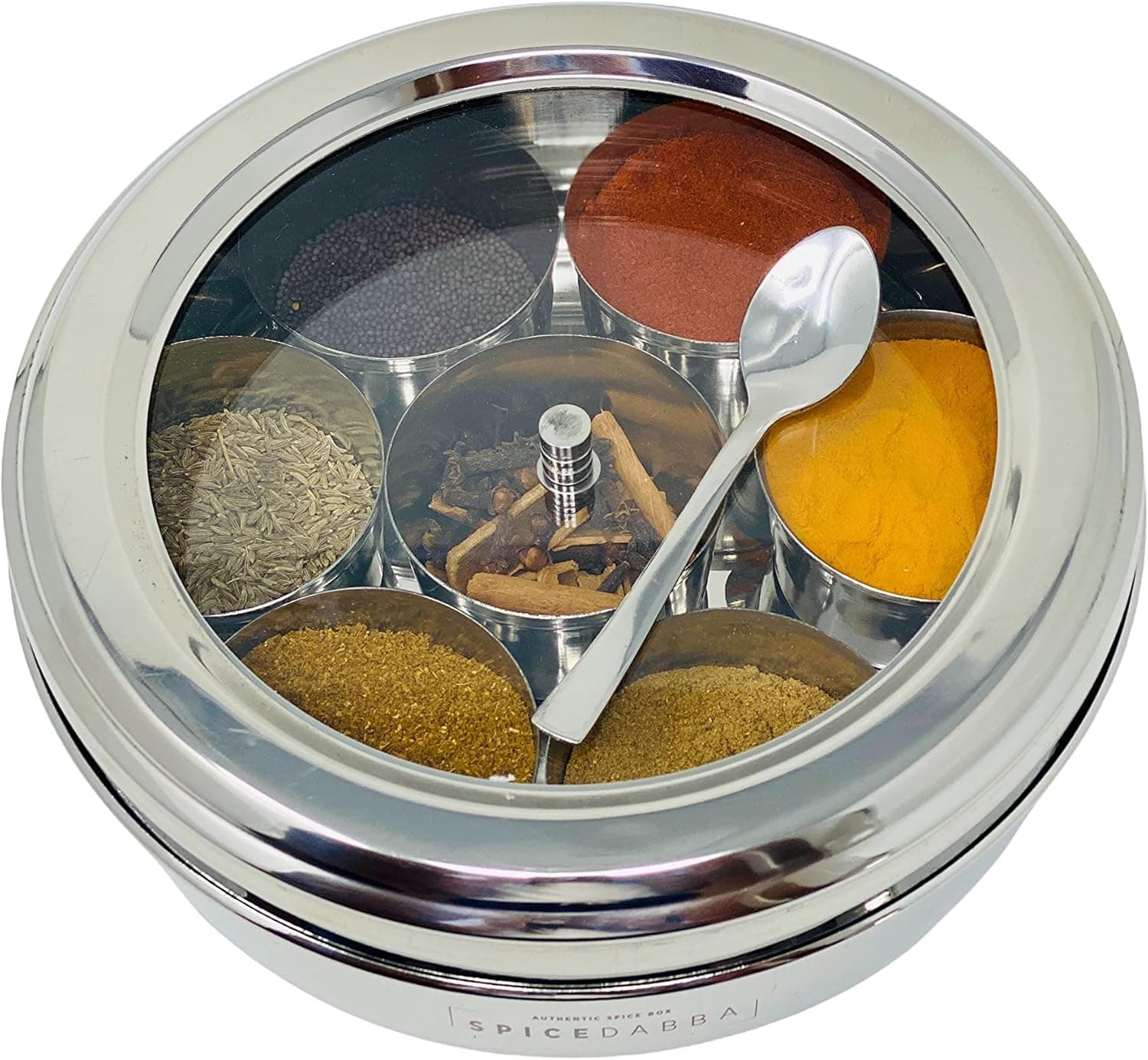 spice dabba Stainless Steel Indian Spice Box, Steel Masala Dabba, Double Lid Spice Container with 8 Spices | Gift for Chefs| Kitchen Spice Box | Indian Spice Box | Size 8x8x2 In (Spice Box Only)