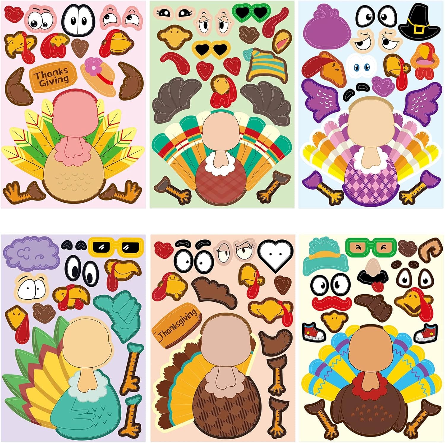 Thanksgiving Stickers for Kids 48PCS Fun Make A Turkey Sticker Sheets Create Your Own Turkey Party Activities Art Craft School Reward