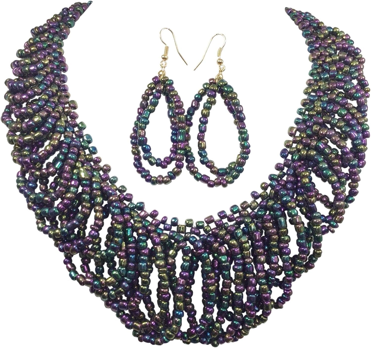 Gypsy Jewels Multi Color Iridescent Beads Teardrop Loops Designer Look Statement Necklace & Earring Set