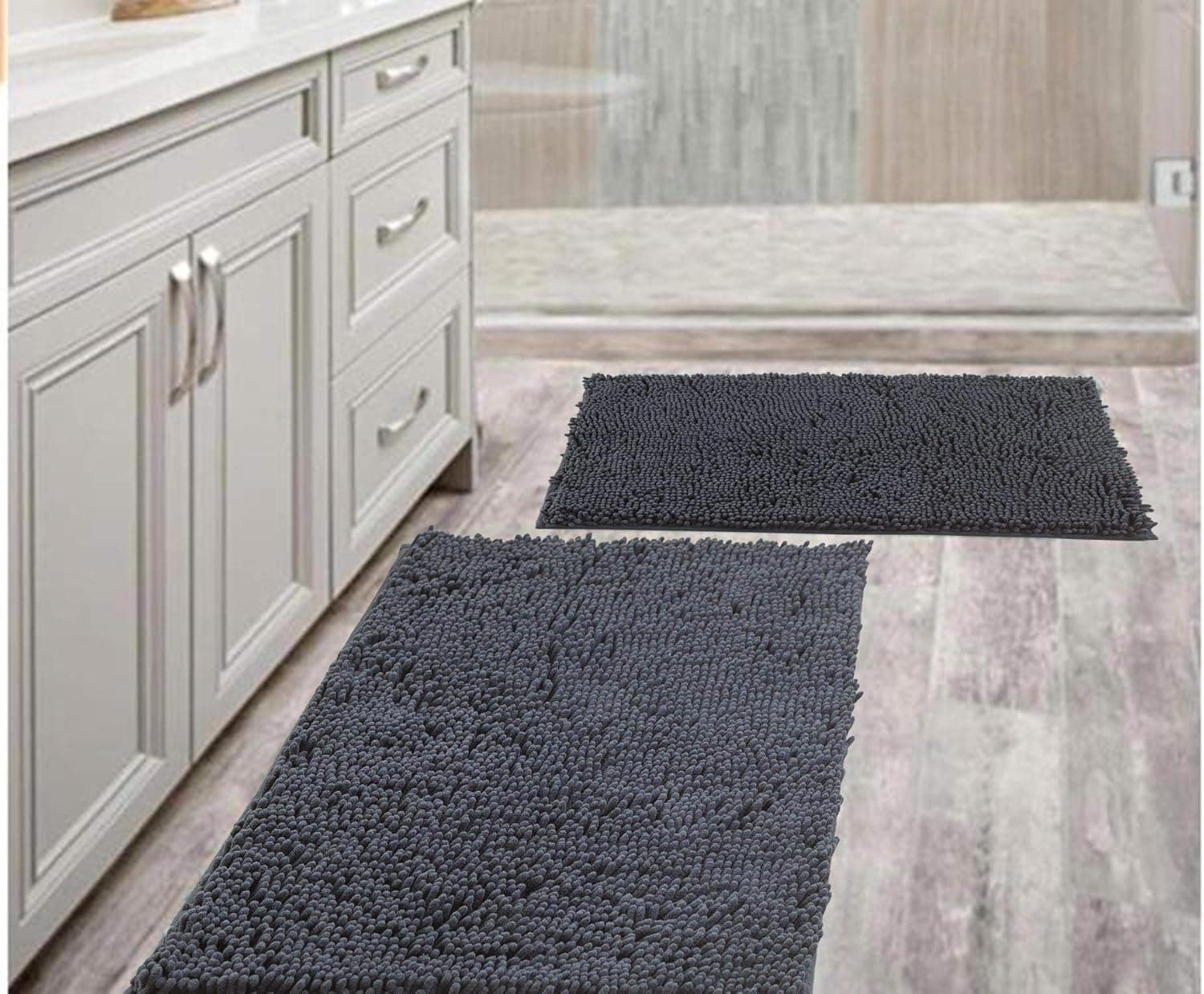 Bathroom Rugs Mat 20" x 30" Set of 2 Grey Luxury Chenille Bath Mat Super Absorbent Bath Rug Machine Washable Perfect Plush Carpet for Shower, Bath Room, Bedroom and Kitchen (20" x 30", Dark Gray)