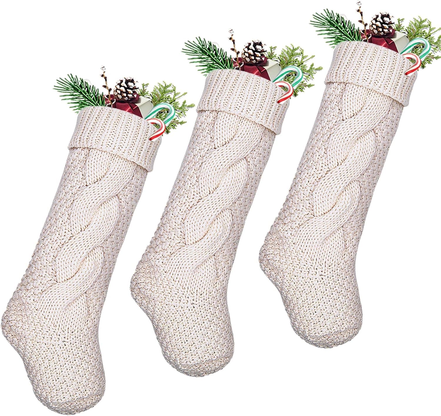 LimBridge Christmas Stockings, 3 Pack 18 inches Large Size Cable Knit Knitted Xmas Rustic Personalized Stocking Decorations for Family Holiday Season Decor, Cream