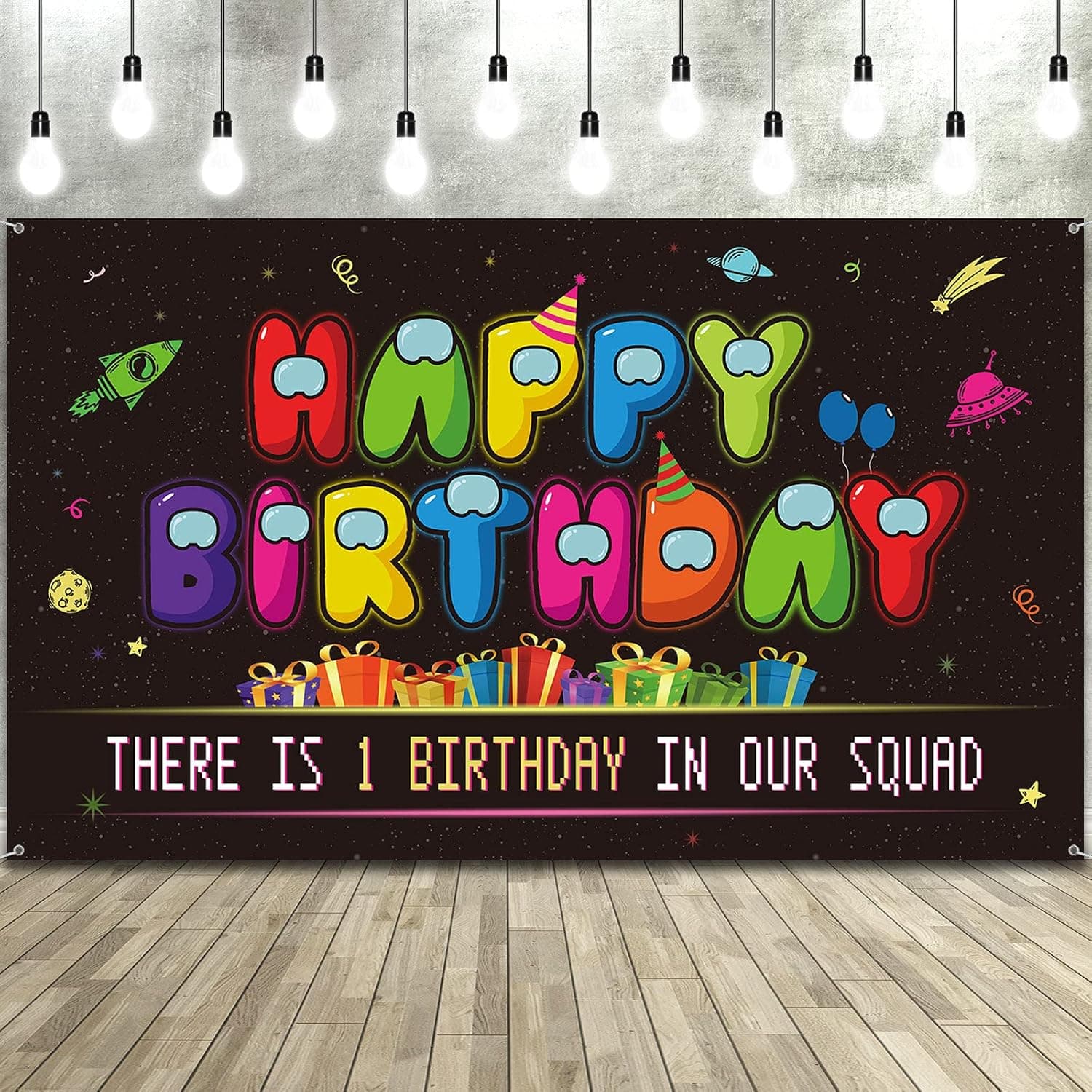 Happy Birthday Backdrop Large Fabric Outer Space Video Game Party Photo Booth Banner Photography Background for Online Social Deduction Game Theme Birthday Party Hanging Decoration, 73 x 43 Inches