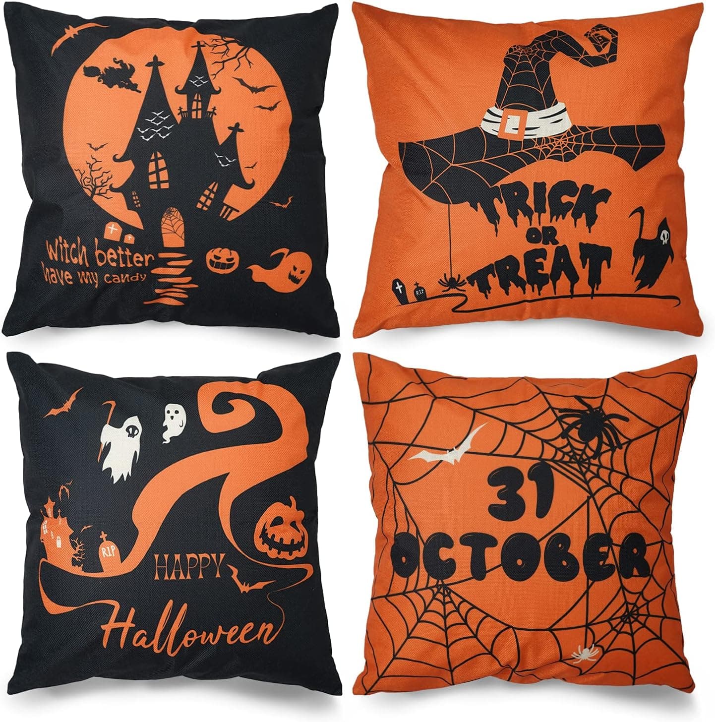 Simocked Set of 4 Halloween Pillow Covers 18×18 Inch, Linen Pillow Case for Sofa, Orange and Black Pillow Cover, Couch Halloween Throw Cushion Cover Decorations