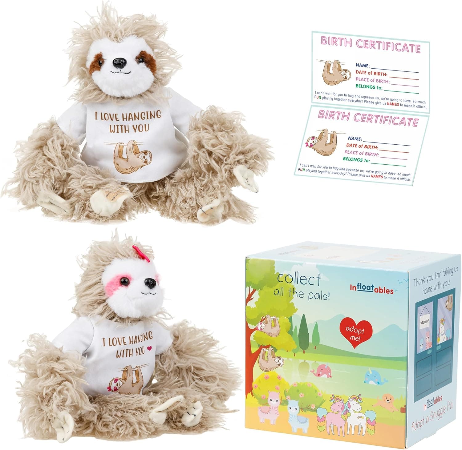 infloatables Stuffed Sloth Set of 2 - Adopt A Sloth Plush with Removable 'I Love Hanging with You' T-Shirt & Birth Certificate - Cute Stuffed Animal Sloth Gifts for Girls & Boys (Small 15 Inches)