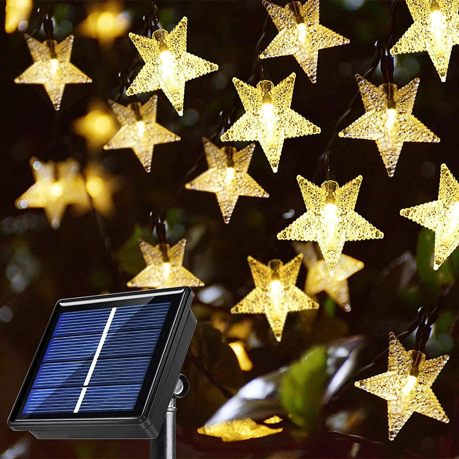Windpnn 55Ft 120LEDs Warm White Solar Star String Lights 8-Mode, Outdoor Waterproof Decorations Solar Powered Lights for Ramadan, Gazebo, Pergola, Balcony, Umbrella, Outside Christmas Tree Decor